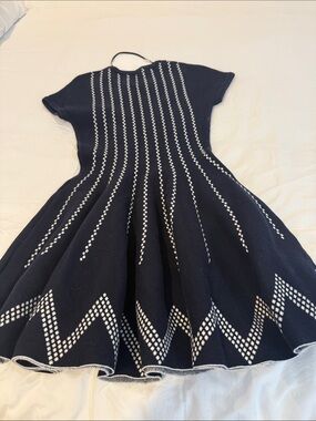 Ladies Black Knit Fit-and-Flare Dress with White Dot Pattern